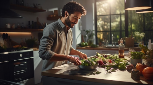 a man is cooking dinner in his kitchen