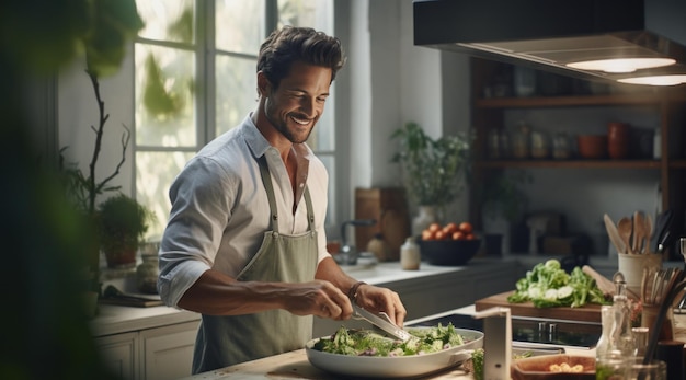 a man is cooking dinner in his kitchen