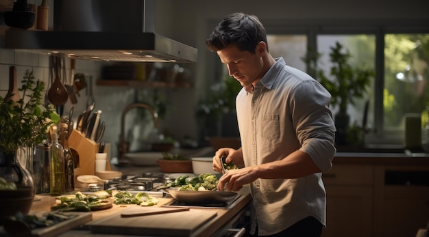 a man is cooking dinner in his kitchen