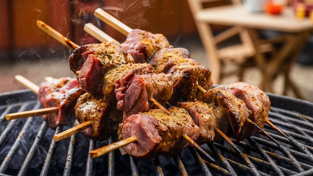 a man is cooking food on a grill with a smoker in the background