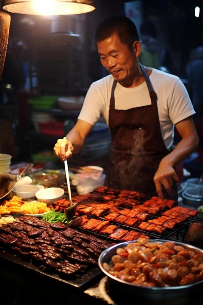 男がグリルで食べ物を調理している