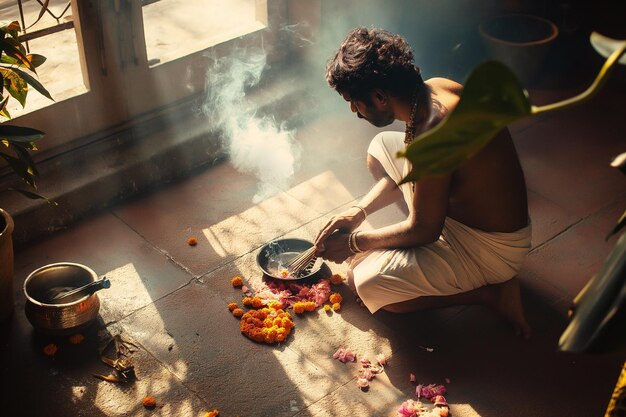 A man is cooking food in a pan on the floor