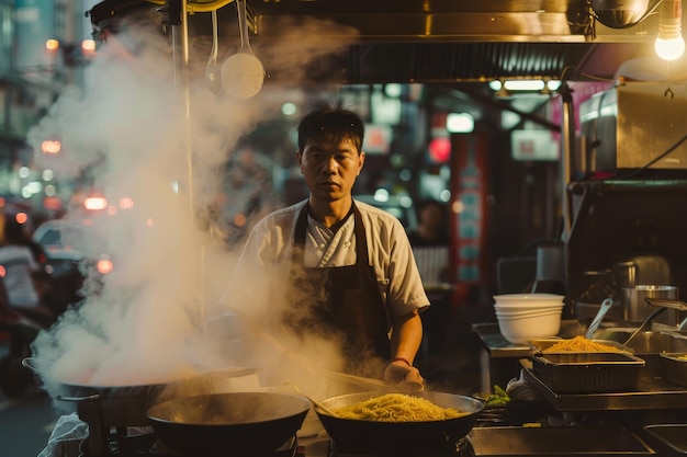 한 남자 가 식당 의 부 에서 음식 을 조리 하고 있다