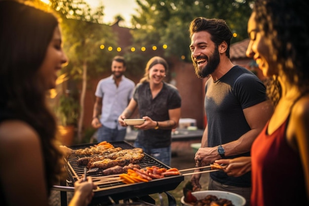 a man is cooking food with his friends at the grill.