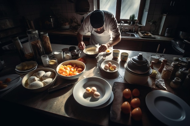 A man is cooking in a kitchen with eggs on a table.