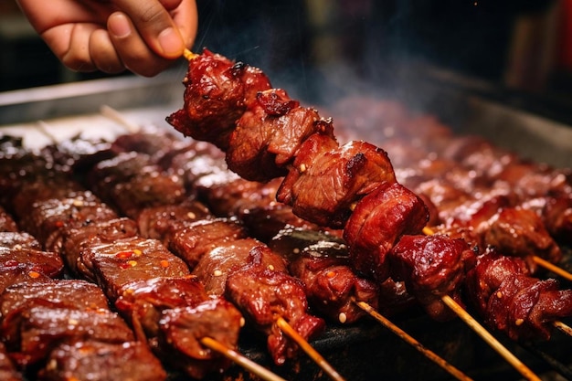 a man is cooking meat on a stick with a fire.