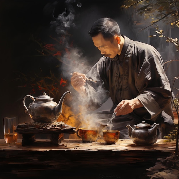 a man is cooking a pot of tea on a stove.