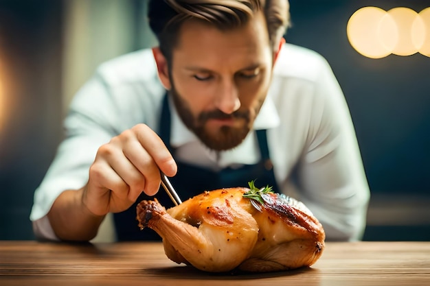 a man is cutting a chicken with chopsticks on a wooden table