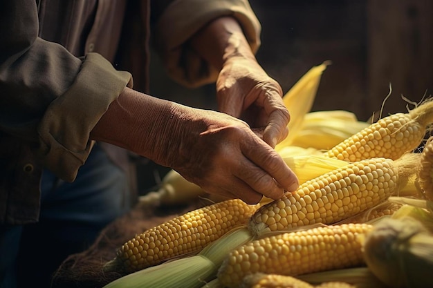 a man is cutting corn on a table with corn.