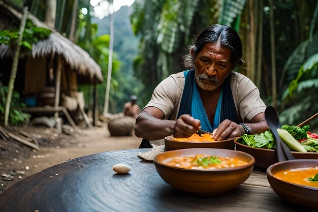 Photo a man is cutting food with a knife and a bowl of food.