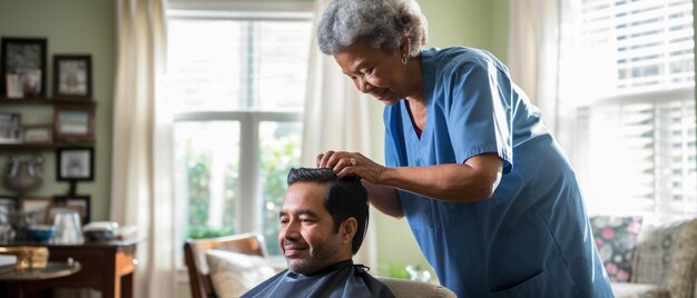 Photo a man is cutting his hair with a blue shirt on