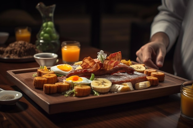 A man is cutting a large platter of food with a glass of orange juice.