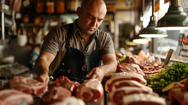 Photo a man is cutting meat in front of a butcher