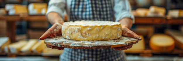 A man is cutting a piece of cheese on top of a wooden table The artisanal cheese wheel is being carefully sliced into smaller portions