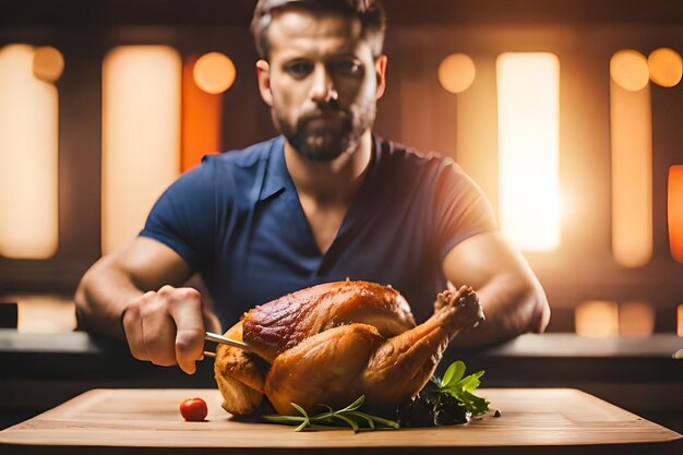 a man is cutting a turkey with a knife and a knife