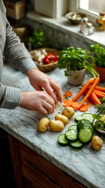 男性が大理石のカウンタートップで野菜を切っている