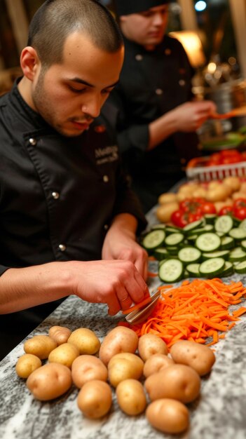 A man is cutting vegetables on a counter