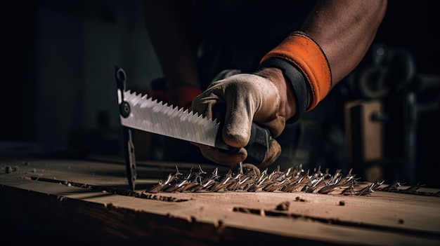 A man is cutting wood with a saw.