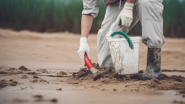 A man is digging in the sand with a bucket and a bucket