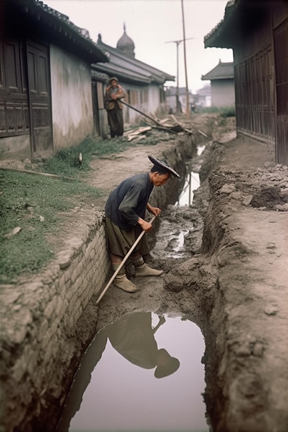 A man is digging in a street with a stick in his hand.