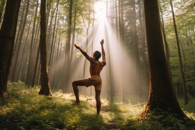 A man is doing yoga in the woods generative ai image