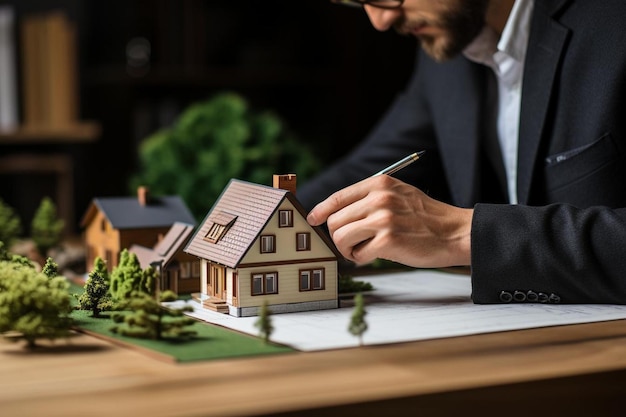 a man is drawing a model house with a model house on the table