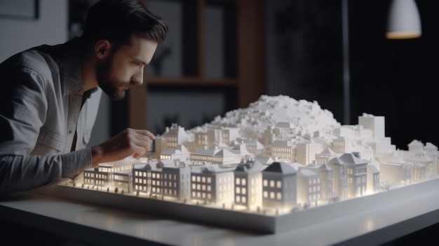 A man is drawing a model of a town on a table.