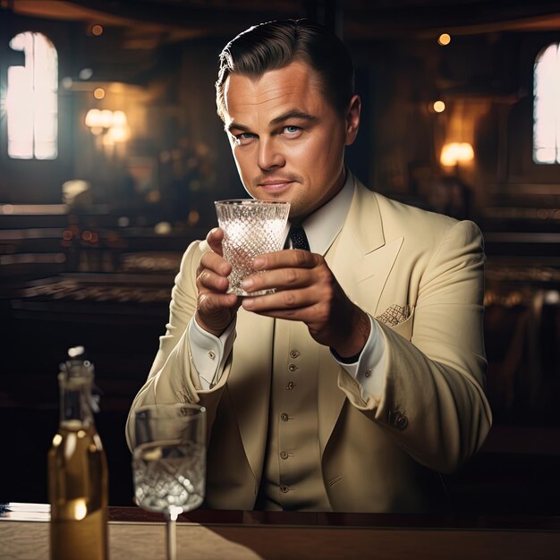 a man is drinking from a glass with a drink in it