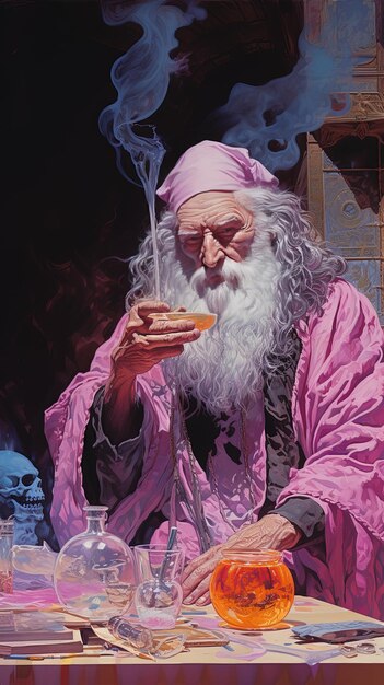 Photo a man is drinking a glass of liquid with a pink robe on it