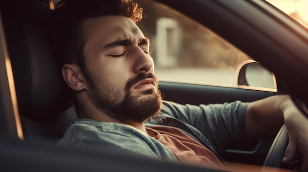 男が車を運転していて、寝ています。