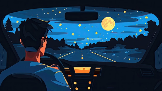 Photo a man is driving a car at night with a full moon in the background