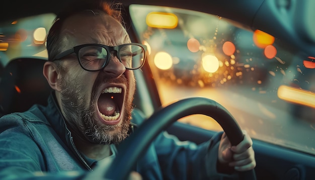 A man is driving a car and yelling at the wheel