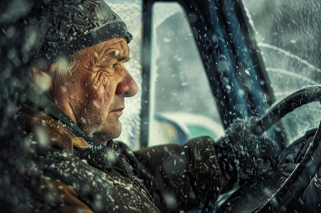 A man is driving a truck in the snow