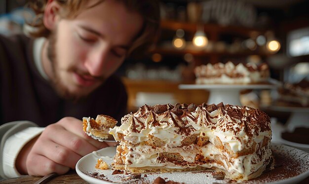 a man is eating a dessert with a fork and a plate with a cake on it