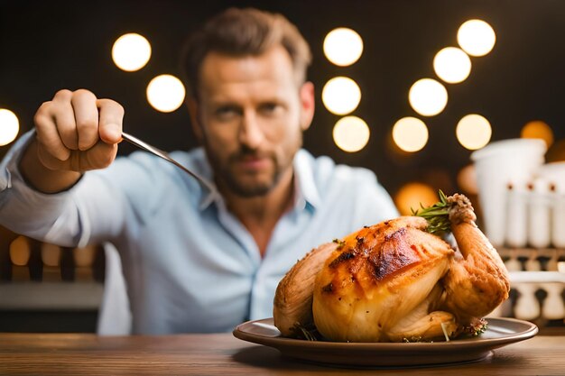 a man is eating a turkey with a knife and fork