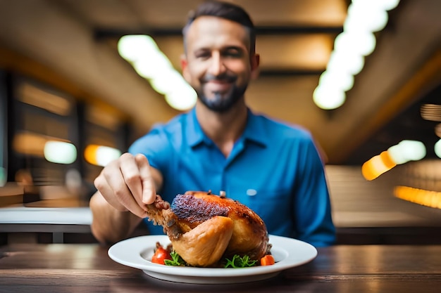 Photo a man is eating a turkey with a knife and fork