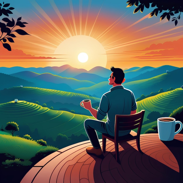 Photo a man is enjoying a cup of coffee and looking at the rising sun from the top of the hill