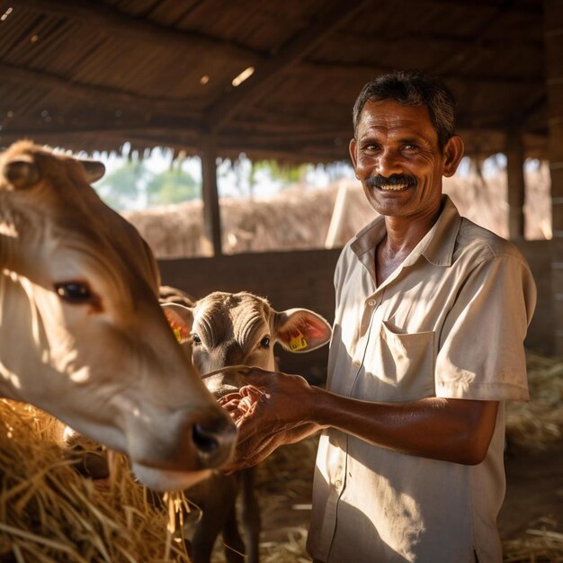 a man is feeding cows with a cow in the background