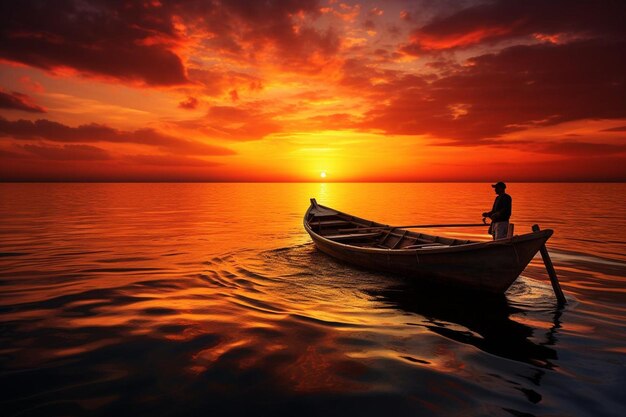 a man is fishing on a boat in the water at sunset