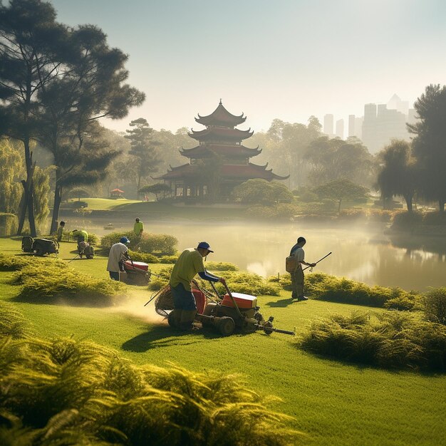 Foto un uomo sta pescando in un parco con una pagoda rossa sullo sfondo.