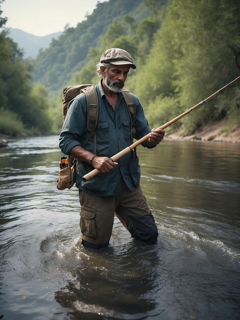 A man is fishing in the river with a varshi