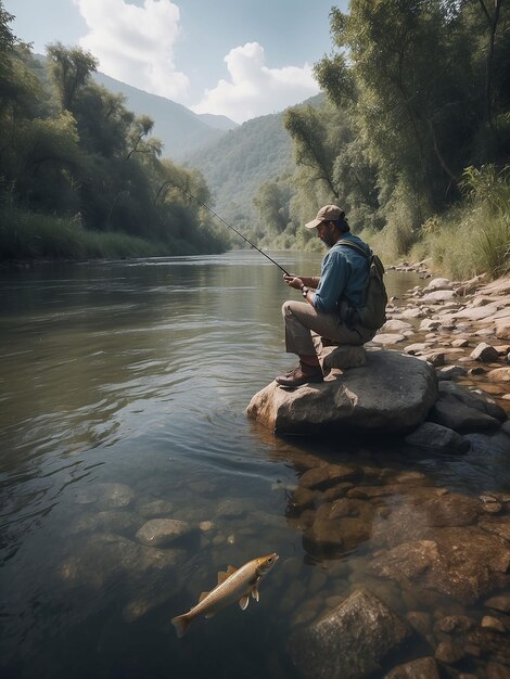 A man is fishing in the river with a varshi