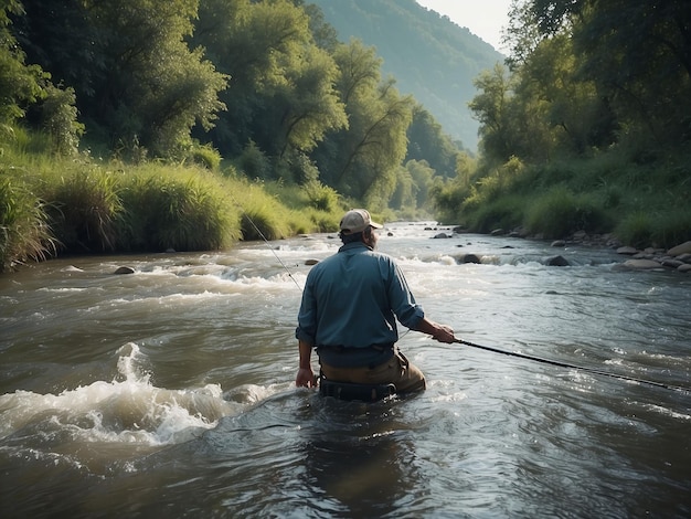 A man is fishing in the river with a varshi