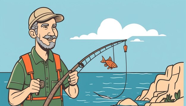 Photo a man is fishing with a fish on his shoulder