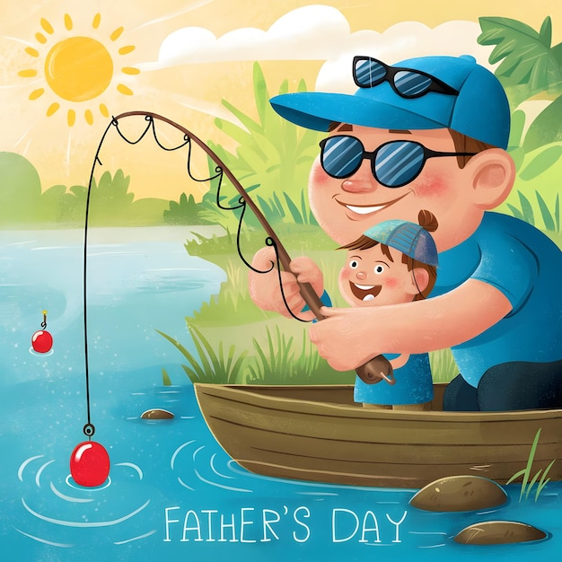 男が父親と息子とボートで釣りをしている