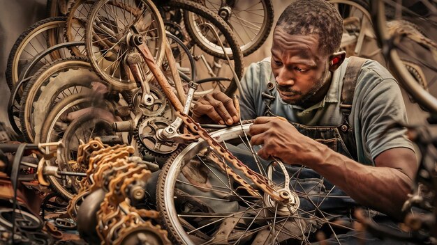 Photo man is fixing bicycle selective focused