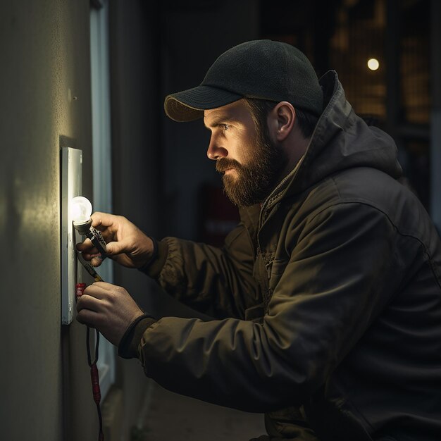 Photo a man is fixing a light switch on a wall