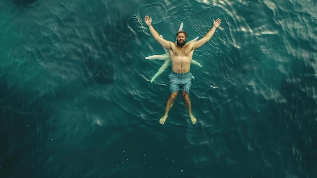 a man is floating in the water with his arms up in the air