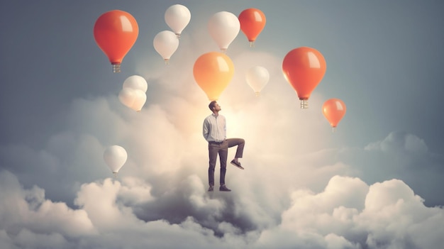 A man is flying on a cloud with balloons in the sky.