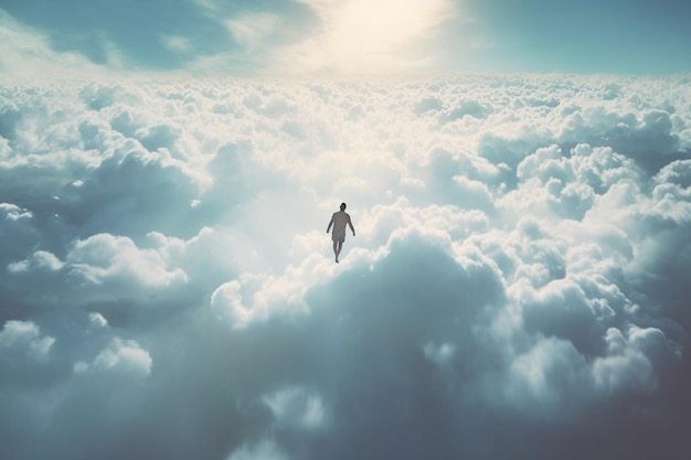 A man is flying above the clouds in the sky.